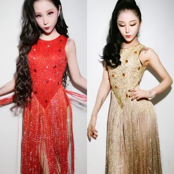

Bright Ds Female Singer Performance Clothing Nightclub Dj Jazz Dance Crystal Bodysuit Fashion Sequin Tassel Women Stage Dress