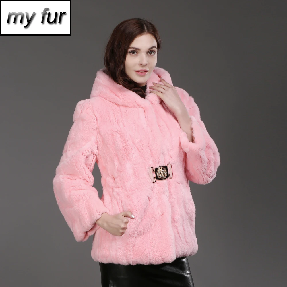 

Hot Sale Women Genuine Rex Rabbit Fur Coat Winter Warm Real Rex Rabbit Fur Hooded Jacket 100% Natural Rex Rabbit Fur Outerwear