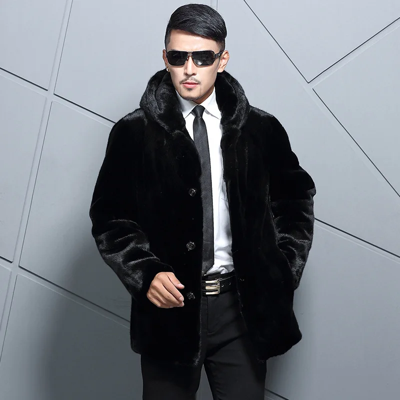 

Hot sale new winter men luxurious faux mink coat Black fashion casual fur overcoat Stand collar leather jackets Plus size HN211