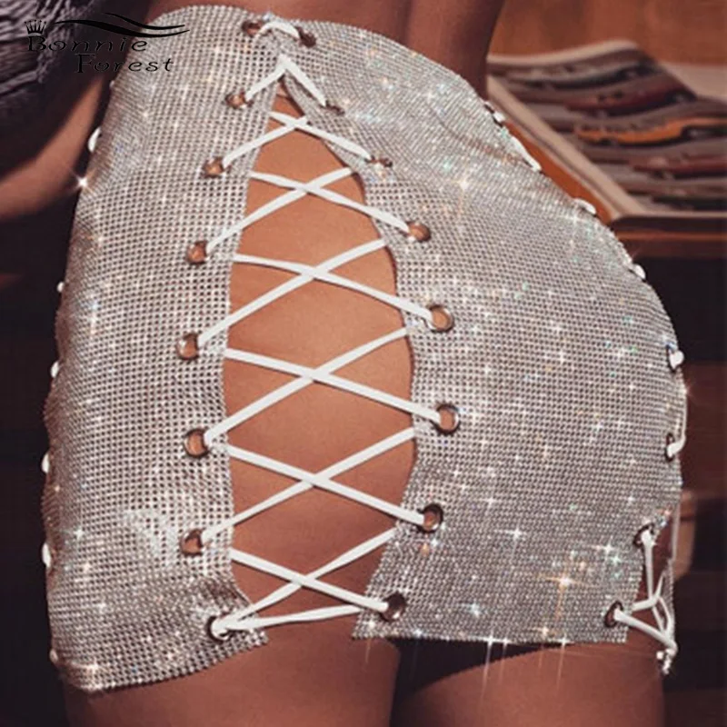 

Bonnie Forest Glitter Metal Crystal Diamonds Skirts Sparkle Shining Hollow Out Diamonds Rhinestone Lace Up Mini Skirt Clubwears