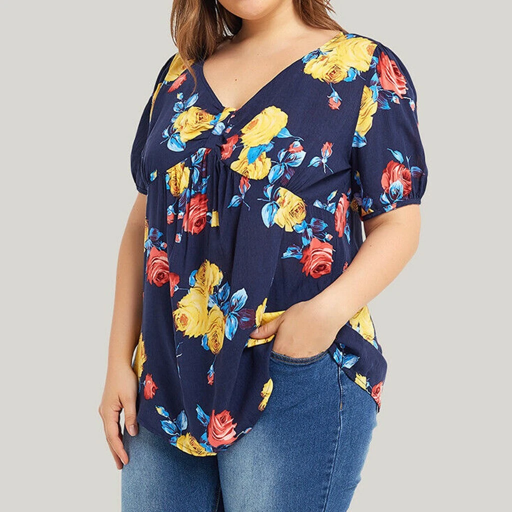Blusas con estampado De flores Mujer 2019 5XL talla grande playa estilo camisa cuello en manga corta Mujer Mujer De moda 2019|Blusas camisas| - AliExpress