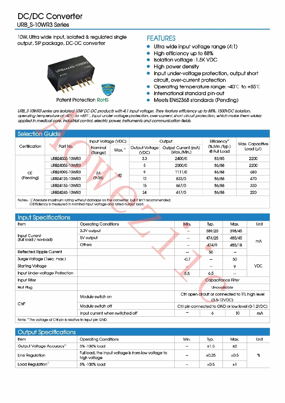 Aoweziic 5 шт./лот URB2409S-10WR3 Вход элемент питания: 9 V-36 V Выход элемент питания: 9 V 1.1A, DC-DC 1500VDC изоляции