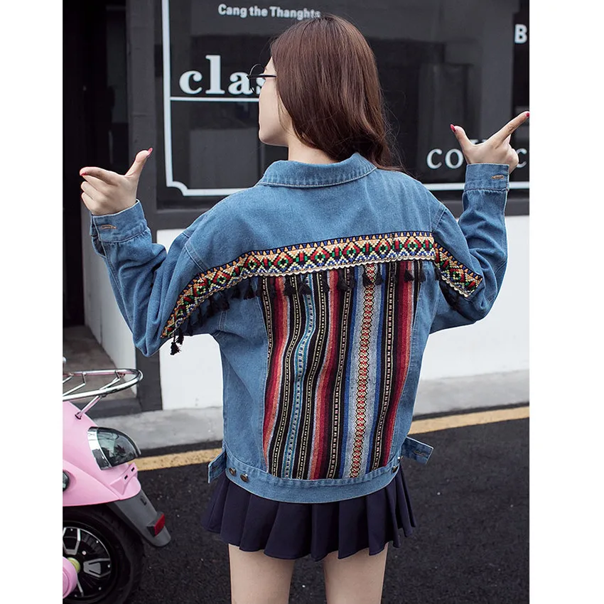 Ethnic Vintage Bohemian Embroidery Denim Jacket Women Basic Coats Ladies Plus Size Jeans Coat Outwear Jackets Chaqueta Mujer