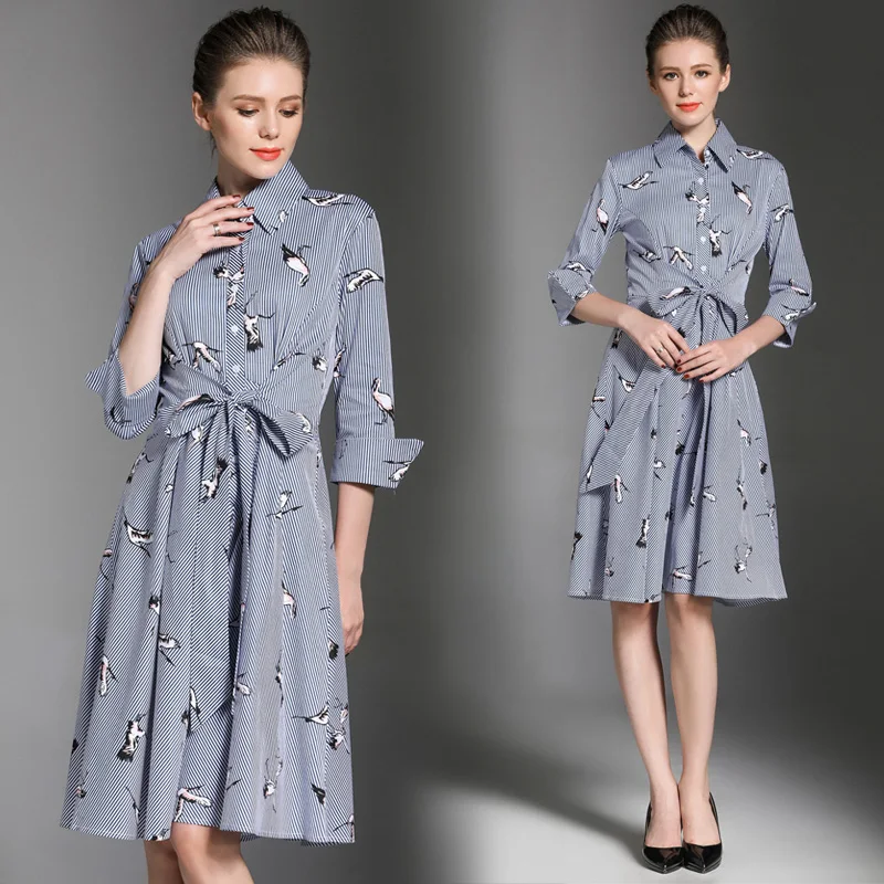 

New Fashion Women dresslt Print Tide 3 D Crane Dresses Light Blue 7315