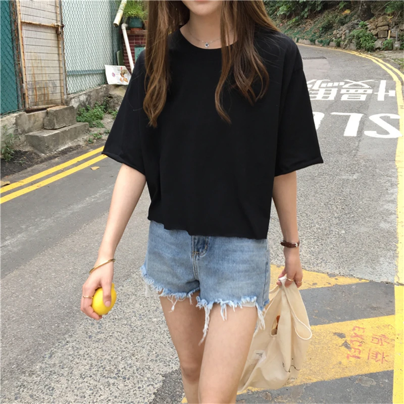 Harajuku стиль сплошной цвет женский короткий рукав пуловер Топы повседневные женские 8 цветов o-образный вырез Kawaii тонкая футболка корейский Ulzzang