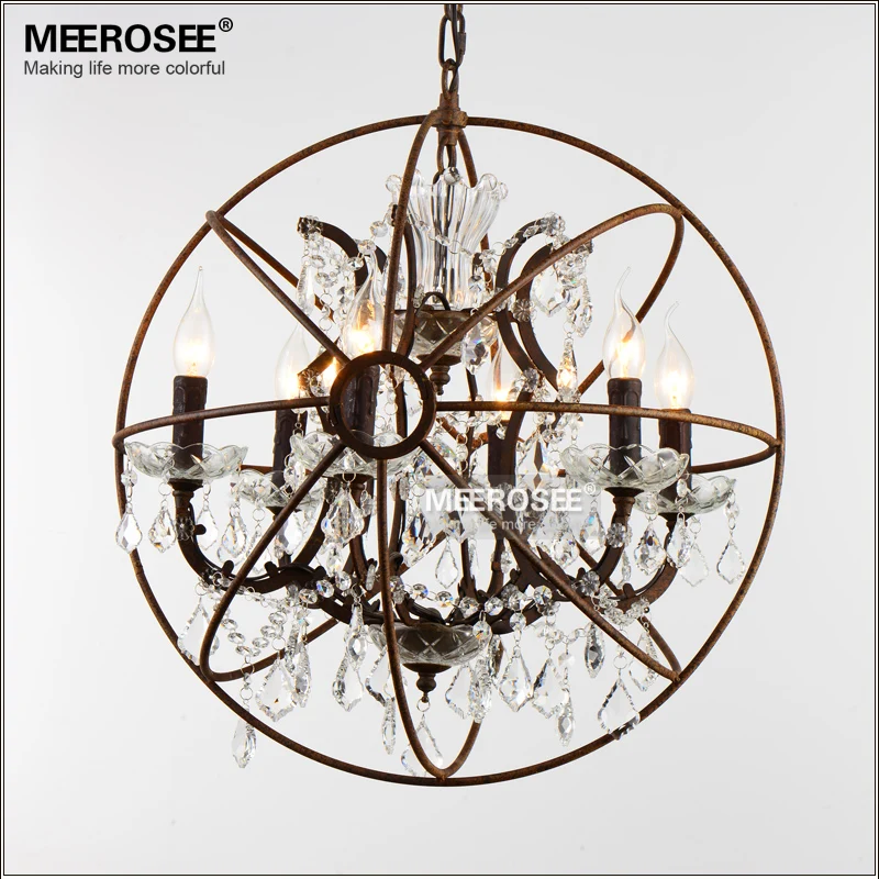 

American Style Crystal Pendant Light Staircase Retro Rust Color Suspension Lamp 6 Lights Crystal Drop Lustre for Cafe Hotel deco