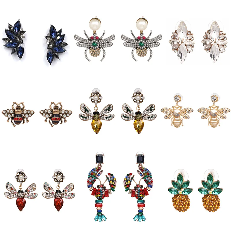 

FASHIONSNOOPS Vintage Rhinestone Earring Bee Animal Stud Earrings For Women Statement Crystal Jewelry Gift Brincos