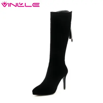

VINLLE 2020 Women Knee High Boots Thin High Heel Winter Shoes Platform Sexy Zipper Women Motorcycle Boots Big Size 34-43