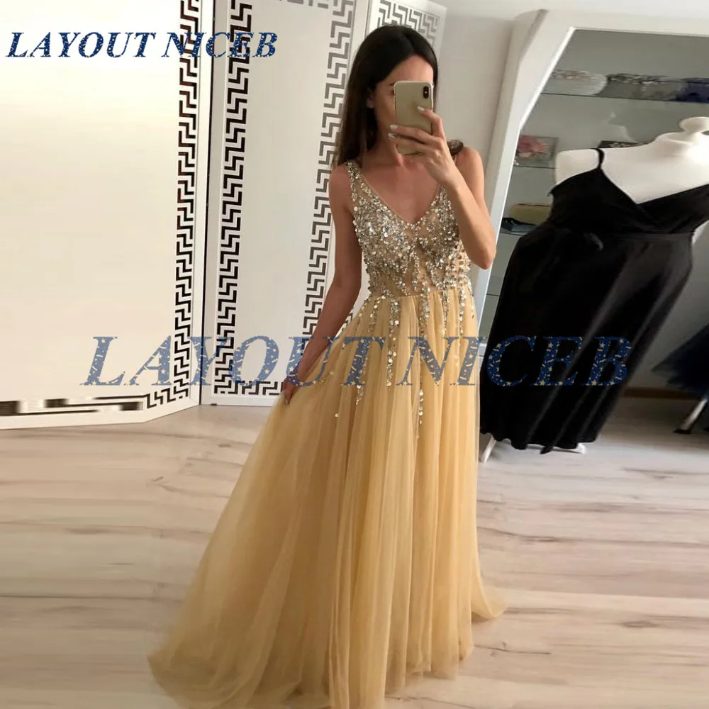 

2019 Long Bling Beading Prom Dress A Line Sleeveless Sexy V Neck Formal Party Dress Open Back Tulle Formal Gown Vestido De Festa