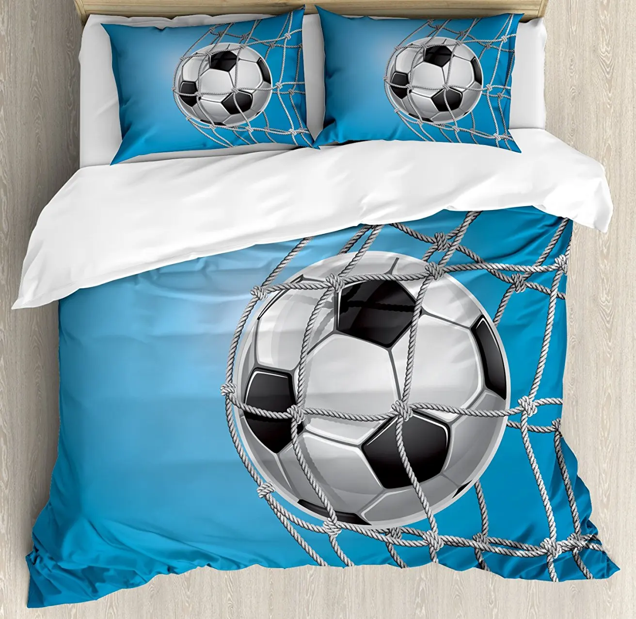 

Soccer Duvet Cover Set, Goal Football in Net Entertainment Playing for Winning Active Lifestyle, 4 Piece Bedding Set