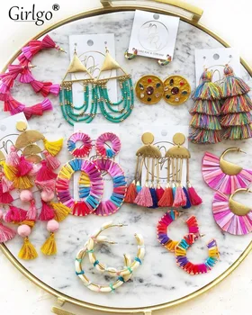 

Girlgo Summer INS Oval Drop Earrings Trendy Rainbow Large Hanging Earrings Ethnic Handmade Jewelry Niche Pendant Accessories Hot