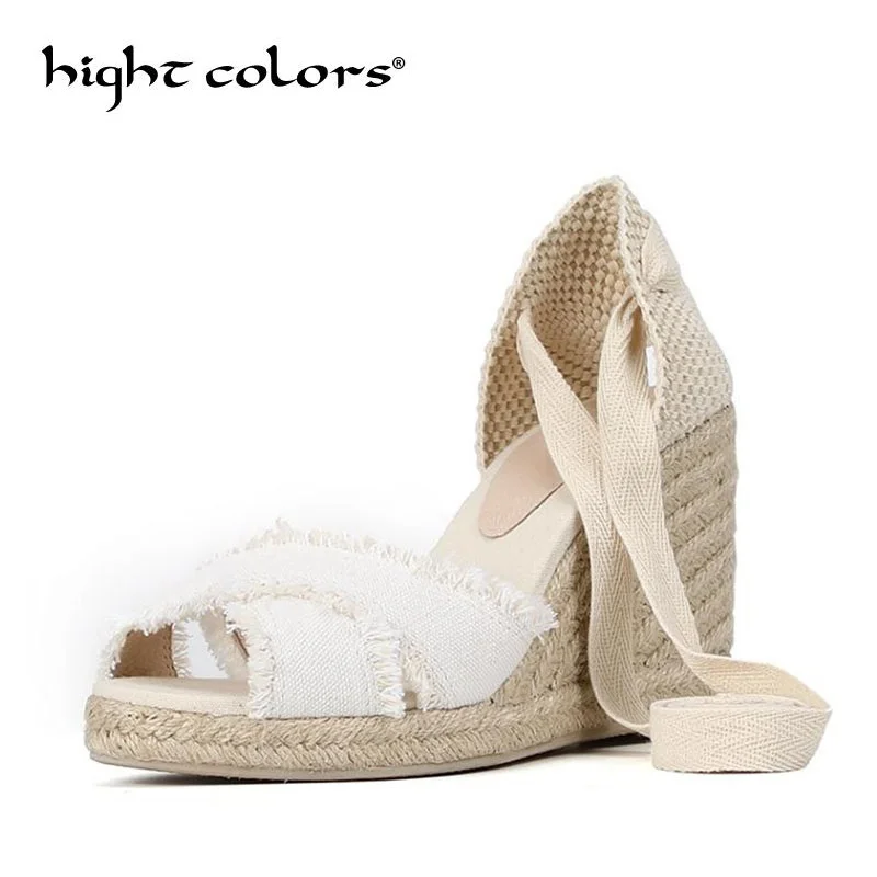 

Summer Espadrilles Canvas Hemp Wedge Women Shoes Open Toe Gladiator Sandals Women Casual Lace Up High Heel Platform Sandals