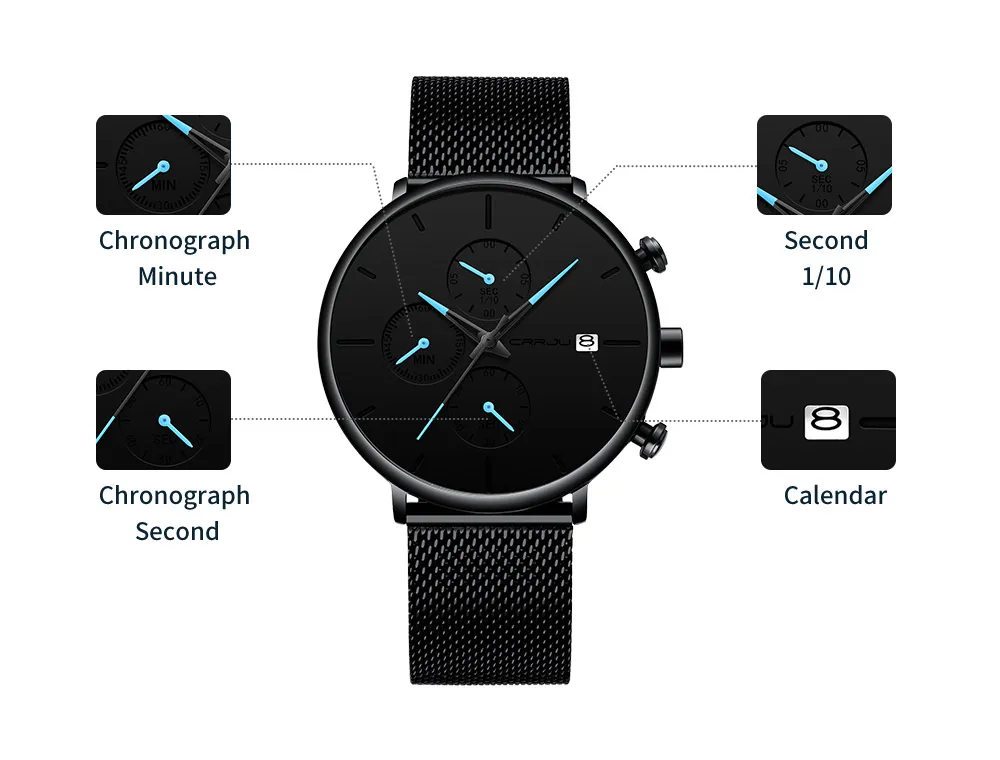 Роскошный бренд CRRJU мужские часы новые минималистичные многофункциональные хронограф водонепроницаемые сетчатые наручные часы с дисплеем даты