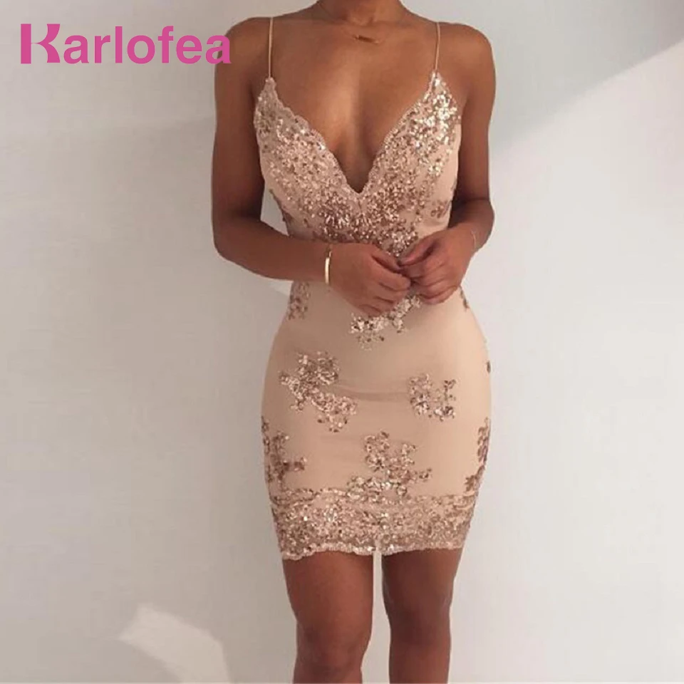 

Karlofea Classical Retro Sequined Mini Dress Sexy V Neck Backless Club Party Vestidos Lady Clubnight Party Women Clothing Fashio