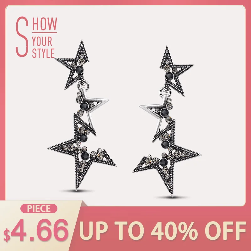 Viennois Vintage Silver Star Drop Earrings For Women Abstract Rhinestone Geometric Long Dangle Fashion Jewelry 2019