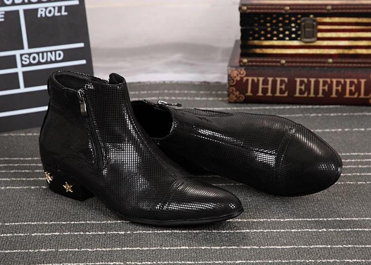 Batzuzhi итальянский стиль черный человек ботильоны острый носок молния простые элегантные мужские ботинки звезды украшения, EU38-46