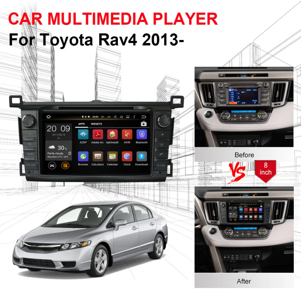 Top Android 7.1/8.0 Octa Core Car Radio Stereo CD DVD Multimedia Player For Toyota Rav4 2013- with GPS Navigation Bluetooth WIFI 1