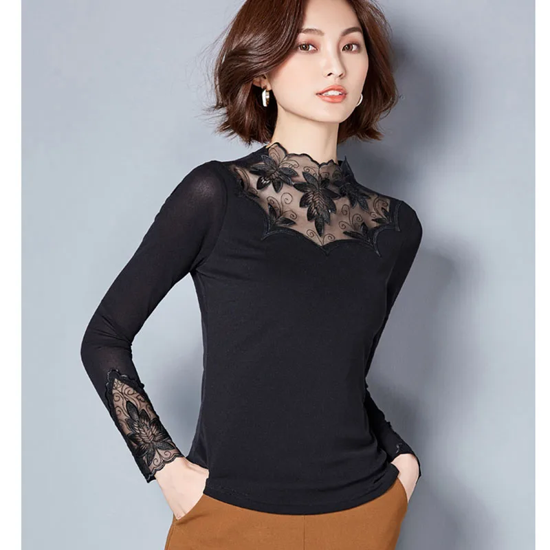Вышивка женские сетчатые кружевные блузки рубашки прозрачный стиль весна лето с длинным рукавом Водолазка Воротник Blusas DD1491