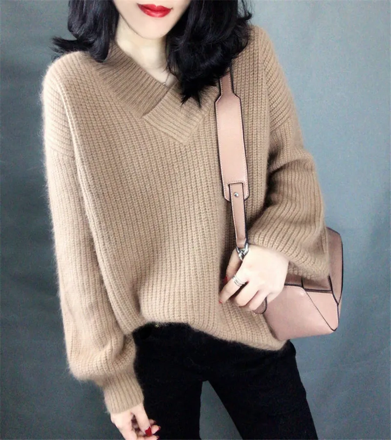 Осенне-зимний женский кашемировый свитер с v-образным вырезом, пуловер, свободный толстый свитер, вязаная рубашка - Цвет: Хаки