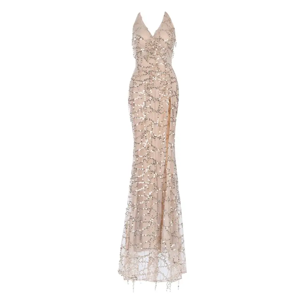 

Newest Celebrity Evening Party Long Dress Women Spaghetti Strap V-Neck Sequin Sexy NightClub Lace Maxi Dress Women Vestidos