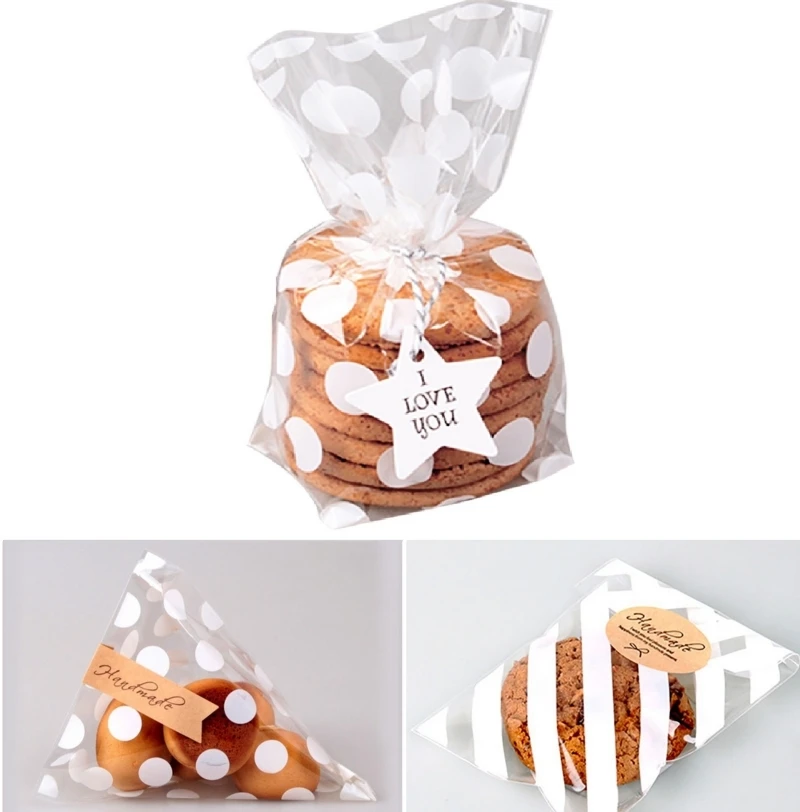 

Sale 10/20Pcs Flat Cellophane Treat Bag Cookie Candy Biscuits Gift Bags Dot Stripe Baking Package Birthday Wedding Party Decor