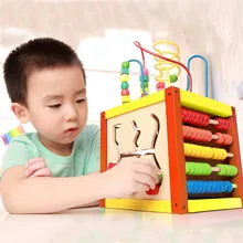 Baby font b wooden b font toys Multifunctional learning cube puzzle round beads abacus frame educational