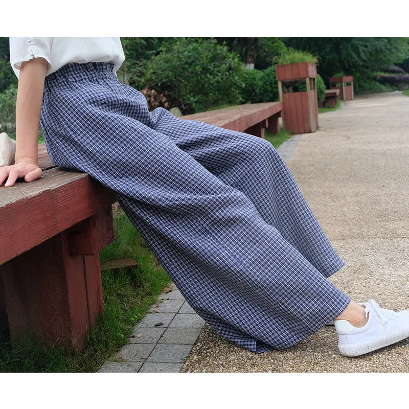 Mujeres 2018 De Tela Las Del Verano Femenino Anchos Pantalones Elástico Lino Retro Cintura Señoras Escocesa Pierna Pantalón Plaid Ancho La BFAwxX