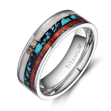 8MM Wood Grain Titanium Ring Men Engagement Wedding Jewelry Deer Antlers Turquoise Inlay Flat Ring Comfort Fit Vintage Rings