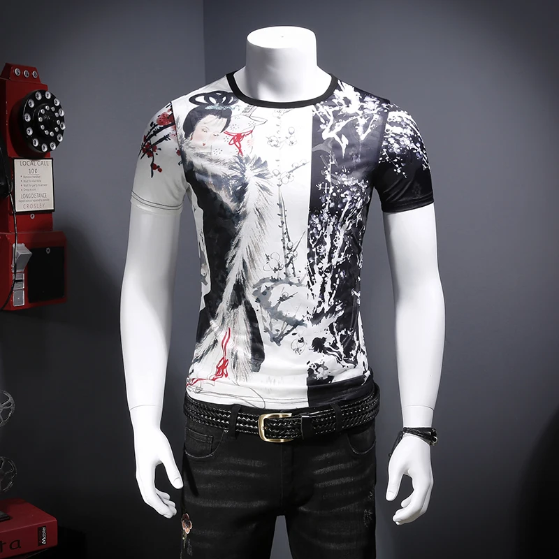 

Creative beauty plum pattern printing fashion short sleeve t shirt Summer 2018 quality tencel soft comfortable t shirt men M-4XL