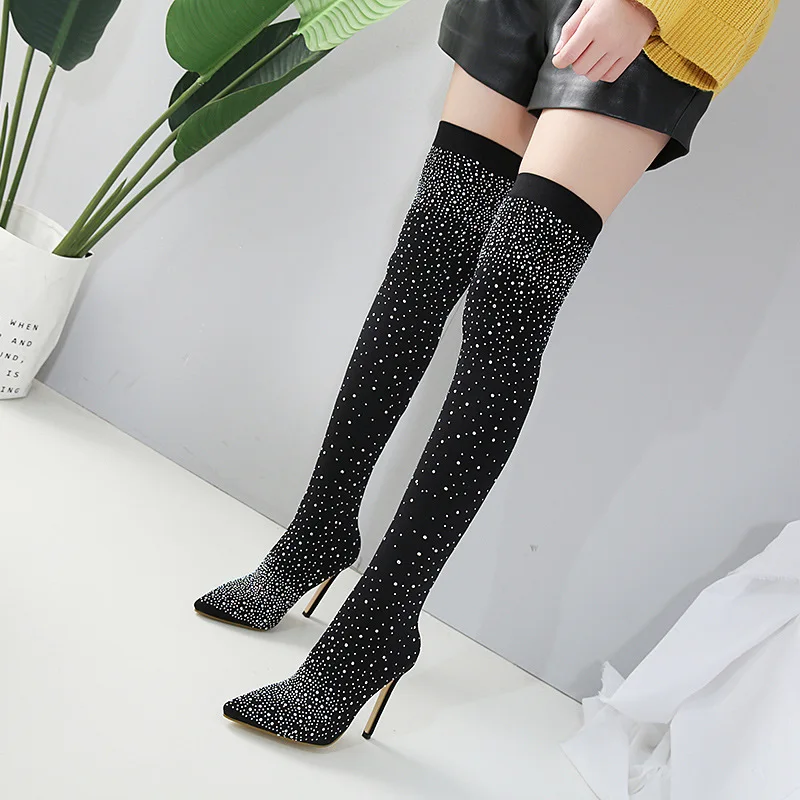 CHAISHOU/ г. Новые Модные подиумные ботинки со стразами, стелька из эластичной ткани женские ботфорты с острым носком на высоком каблуке