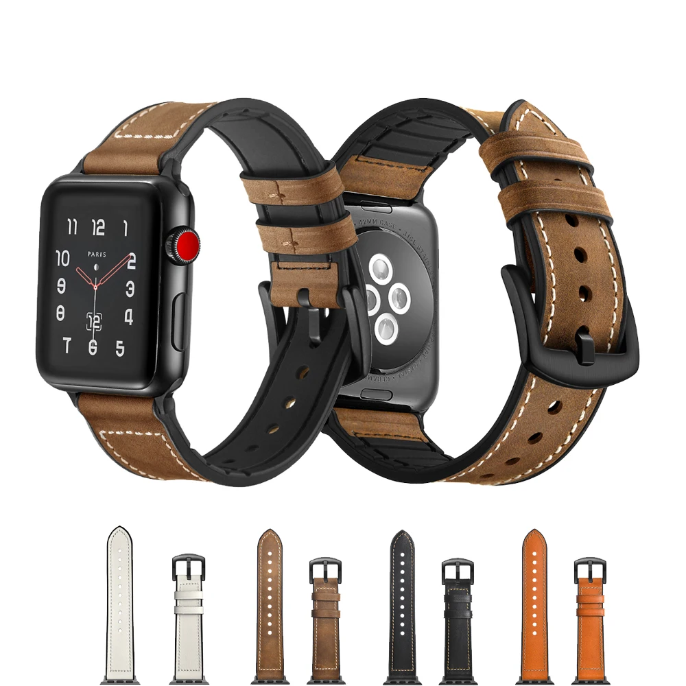 

CRESTED Genuine Leather+silicone Strap for Apple Watch band 42mm 38mm iwatch series 3/2/1 bracelet wrist belt watch accessories