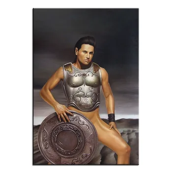 

Artist's Perfect Handmade Oil Painting 24x36in on Canvas: Charming Body Art Model, Super Armor and Shield Healthy Muscle Male.