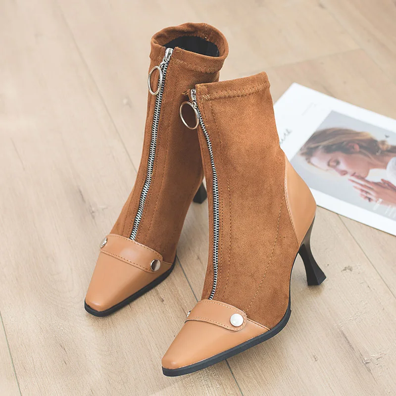 Aphixta/Новинка года; носки с острым носком; женская обувь; женские водонепроницаемые носки на молнии спереди; модные сапоги на высоком тонком каблуке-шпильке - Цвет: Brown
