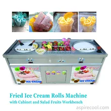 Double Pans Fried Ice Cream Machine 2 Round Pans Ice Cream Roll Making Machine with Salad Fruit Workbench 10pcs Tanks Cooling