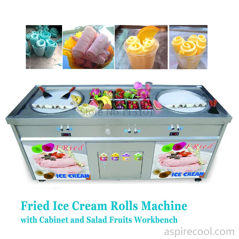 ==> [Free Shipping] Buy Best Double Pans Fried Ice Cream Machine 2 Round Pans Ice Cream Roll Making Machine with Salad Fruit Workbench 10pcs Tanks Cooling Online with LOWEST Price