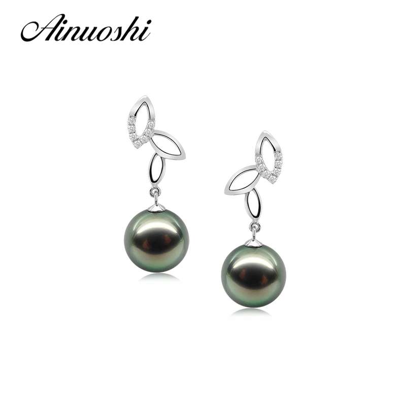 

AINUOSHI 925 Sterling Silver Leaves Shaped Drop Earrings Natural South Sea Black Tahiti Pearl 9.5-10mm Round Pearl Drop Earring