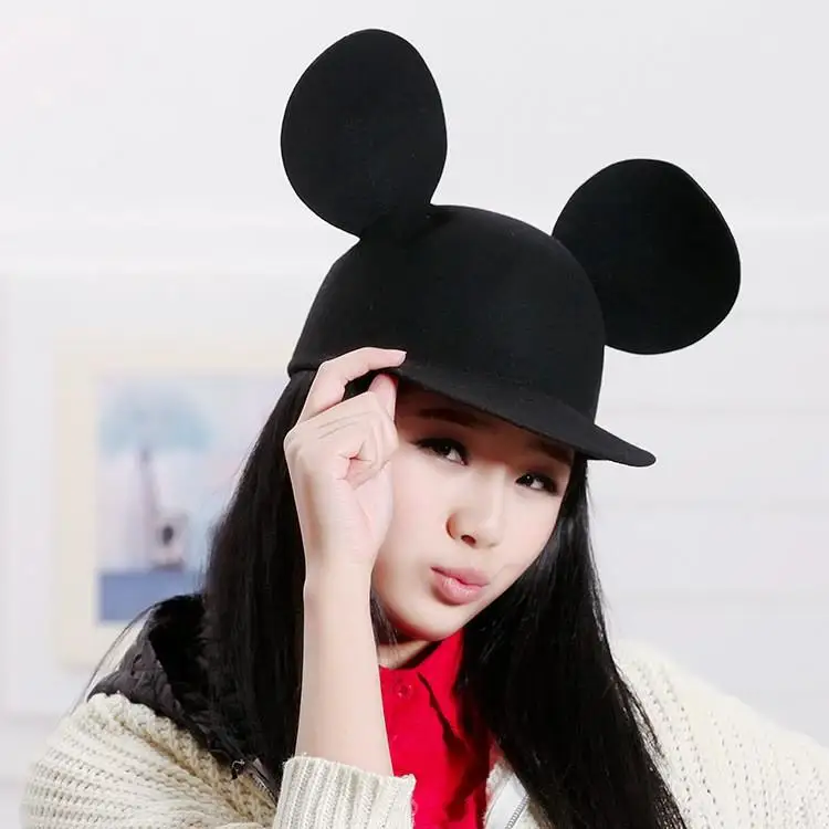 

Free Shipping fashion baseball caps for man woman flat brim hiphop cute Mickey cat ear cap winter warm wool hat unisex Y009