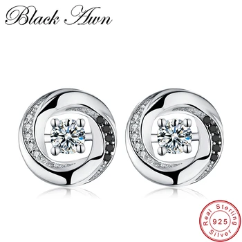 

[BLACK AWN] Real 925 Sterling Silver Jewelry Black Spinel Stone Round Party Stud Earrings for Women T118
