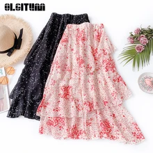 Новинка г. летняя шифоновая юбка Женская Асимметричная длинная юбка с оборками и цветочным рисунком Милая плиссированная Женская юбка до середины икры с высокой талией