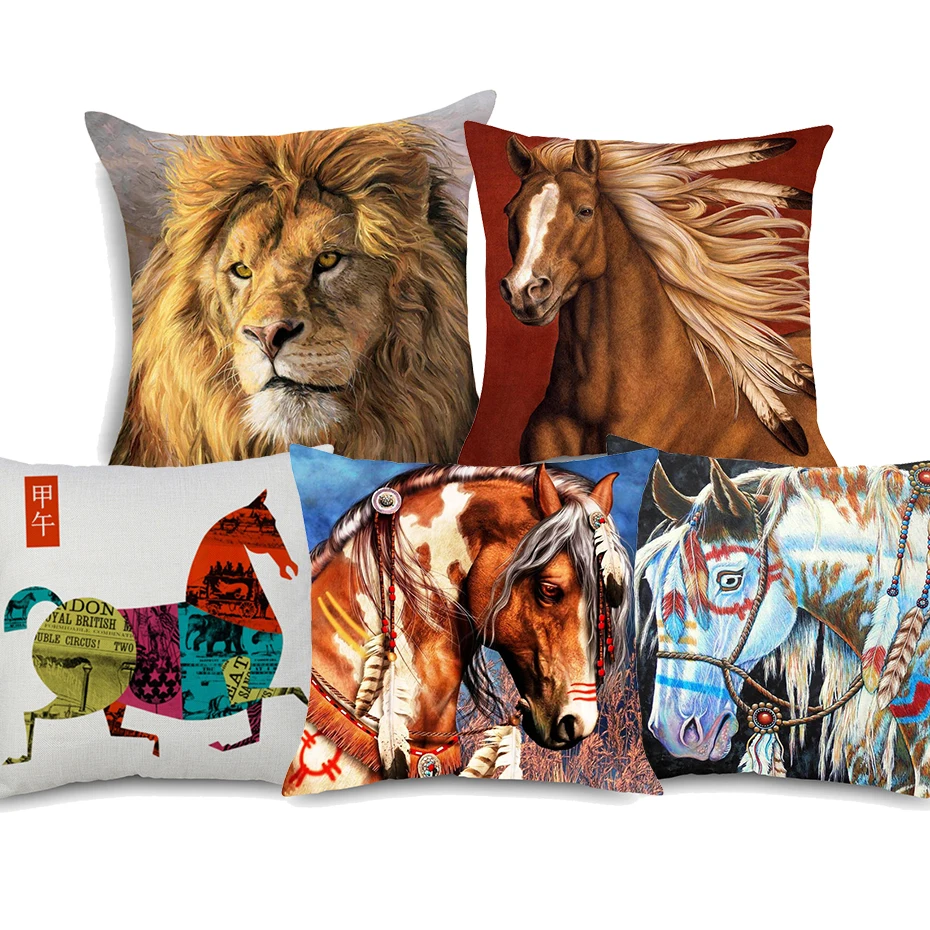 Running Horse Lion Watercolor Painting Animal Cushion Covers 45X45cm Pillow Cover Hotel Sofa Decorative Linen Pillow Case