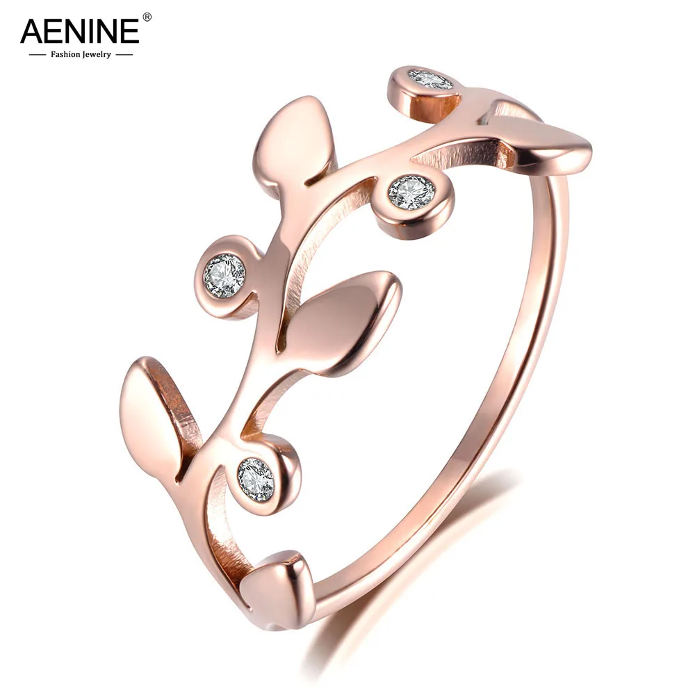 

AENINE Original Design Rhinestone Leaves Rose Gold Color Ring Jewelry For Girls Stainless Steel Anniversary Rings Bague AR19005