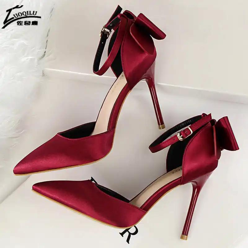 red satin bow heels