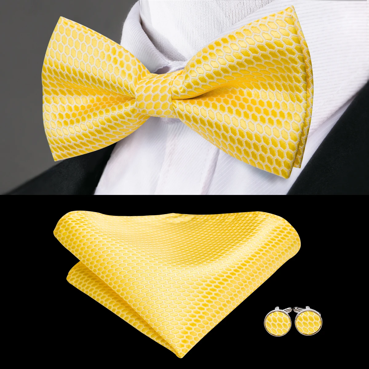 

Hi-Tie Fashion Yellow Mens Bow Tie High Quality Silk Hand Woven Bowtie Handkerchief Cufflinks Set Bow Ties for Men Wedding F-770
