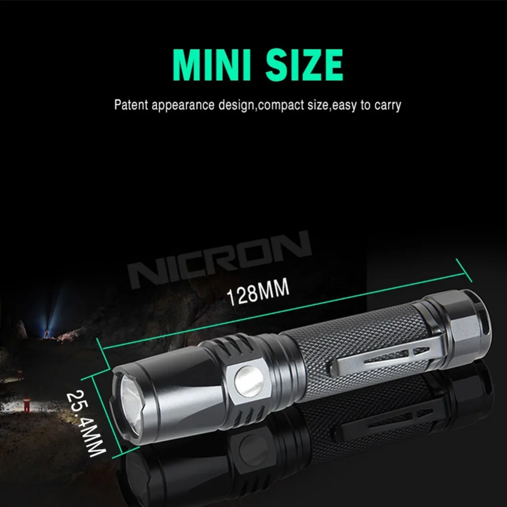  NICRON Mini 9W Super Brightness Portable Flashlight Light Waterproof IPX8 5200cd 900LM LED USB Rech - 32803033932