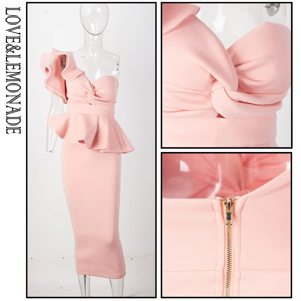 Любовь и лимонада розовое платье с открытыми плечами и отделкой рюшами комплект из двух предметов Тонкий комплект LM1270; сезон осень-зима