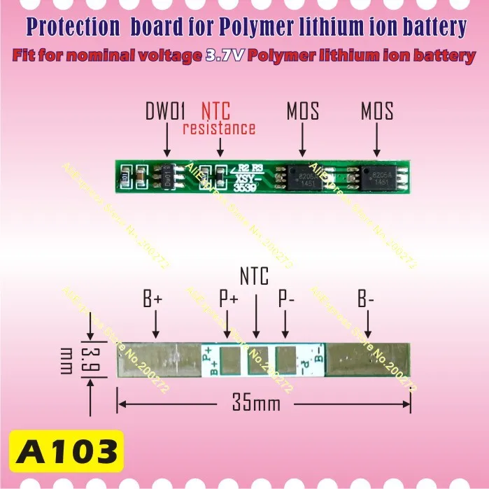 

[A103] 35 * 39mm PCB Protection board / Control Panel for 3.7V NTC Polymer lithium ion / li-ion battery of tablet pc,mp3,mp4,gps
