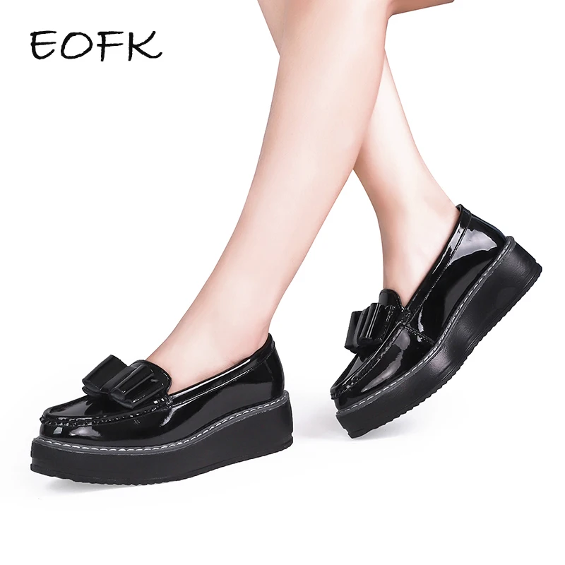 EOFK Women Flats Shoes Woman Black Patent Leather Slip On Bow-knot Casual Loafers Women's Low Bow Flat platform Shoes