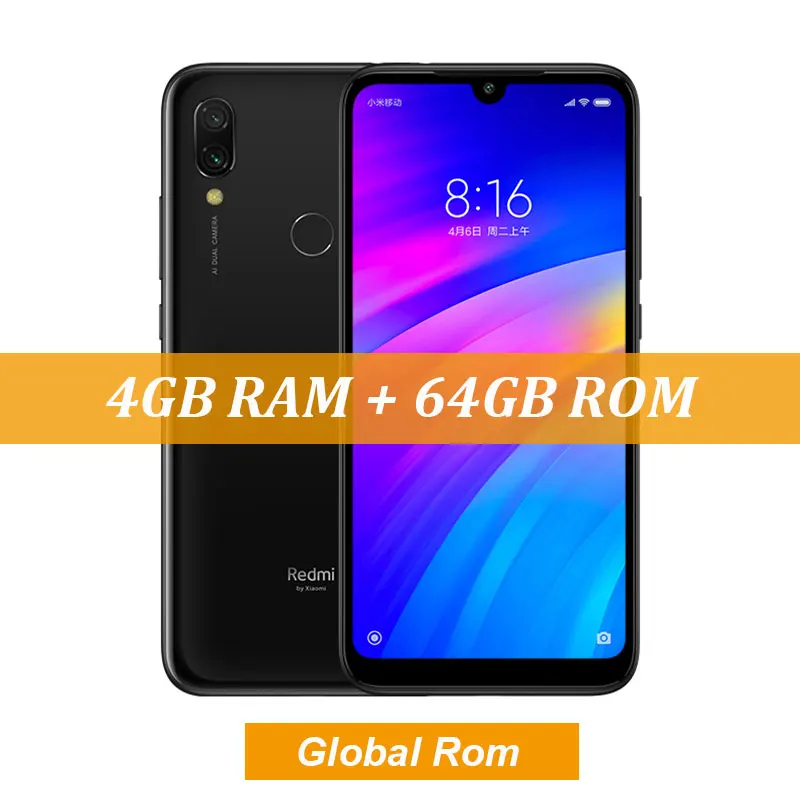 Black Xiaomi Redmi 7 с глобальной прошивкой, 4 Гб ОЗУ, 64 Гб ПЗУ, Восьмиядерный процессор Snapdragon 632, 12 МП, двойная камера AI, мобильный телефон, 4000 мАч, большая батарея - Цвет: Black