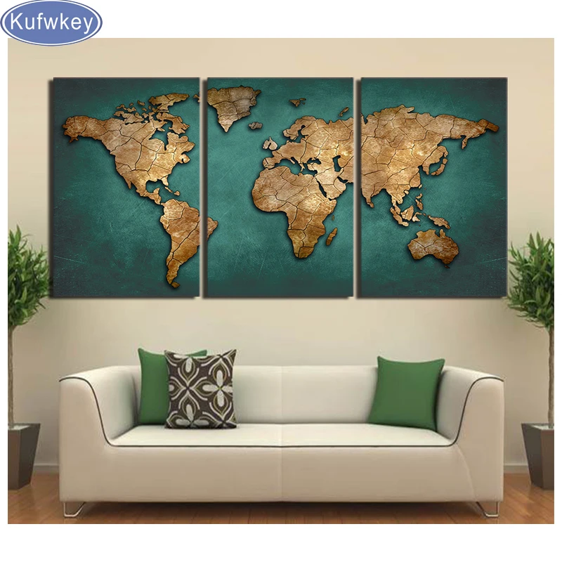 full Square/Round Daimond Mosaic Rhinestone Embroidery Triptych diamond painting Vintage Continent Pictures 3 Pieces World Map | Дом и сад