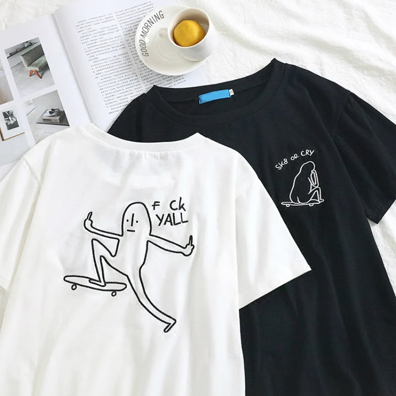 

Harajuku Fashion Short Sleeve Cotton Women T Shirt Chic Cartoon Embroidery Couple T Shirt Summer Casual Loose Man Women Tops